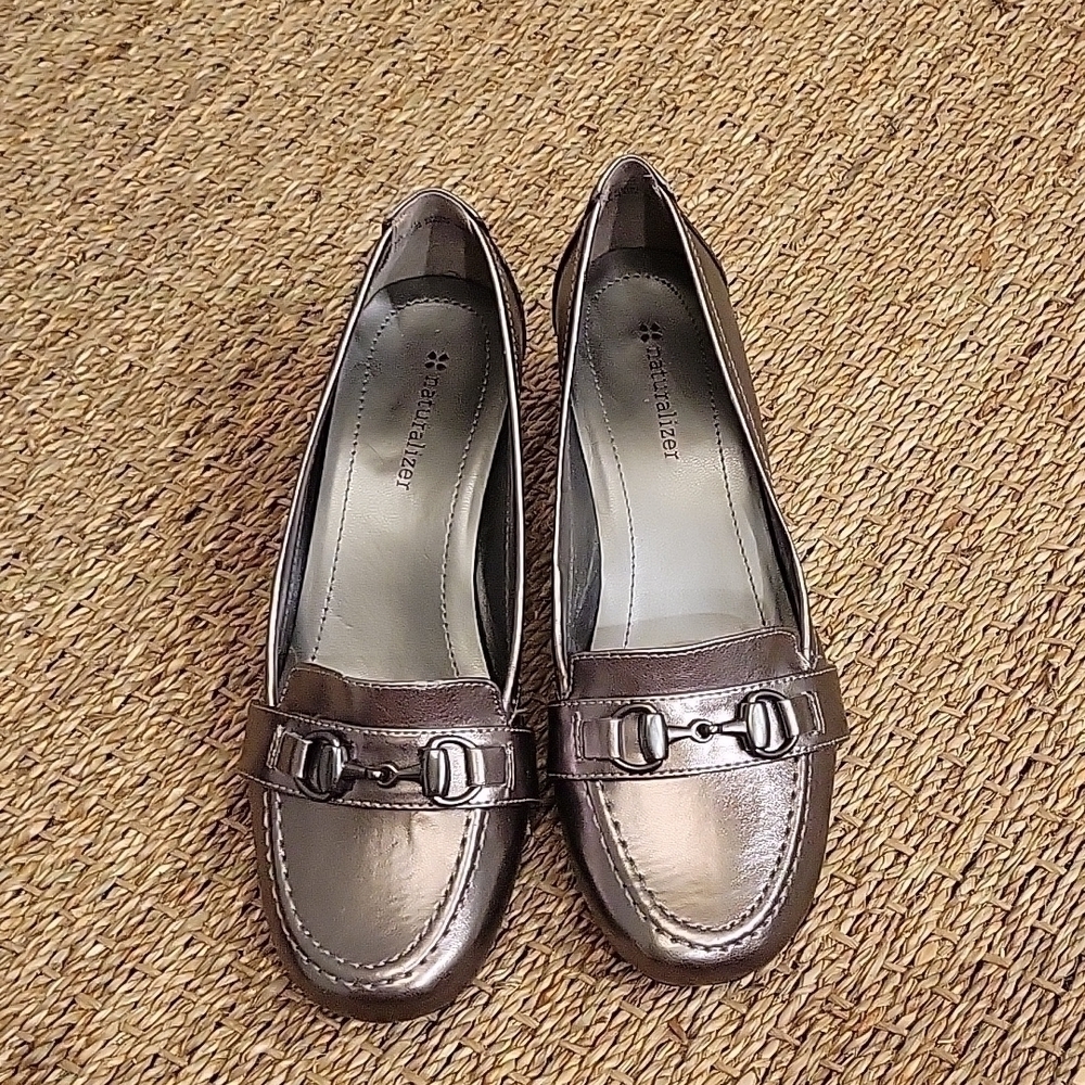 Naturalizer silver shoes loafers, slight heel.  Size is 7 M.